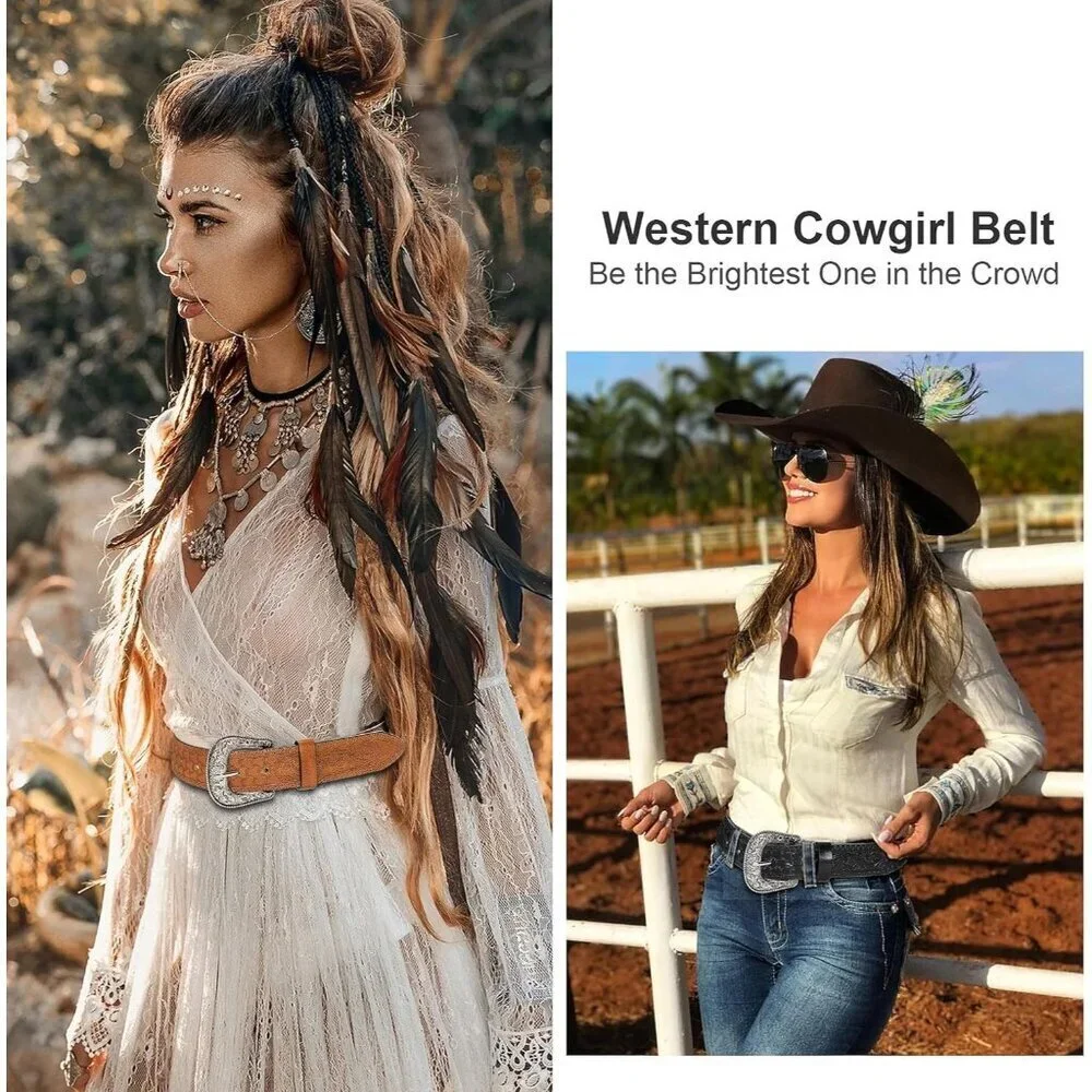 Women's Black 2 Adjustable Vintage Western Belts Engraved Buckle Cowgirl Belt